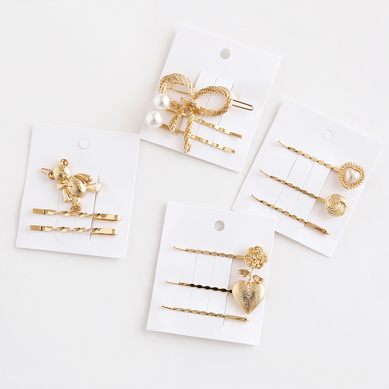 Lovely Metal Combination Korean Temperament Joker Bow Bear Heart Shape Pearl Female Bangs Clip Hairpin