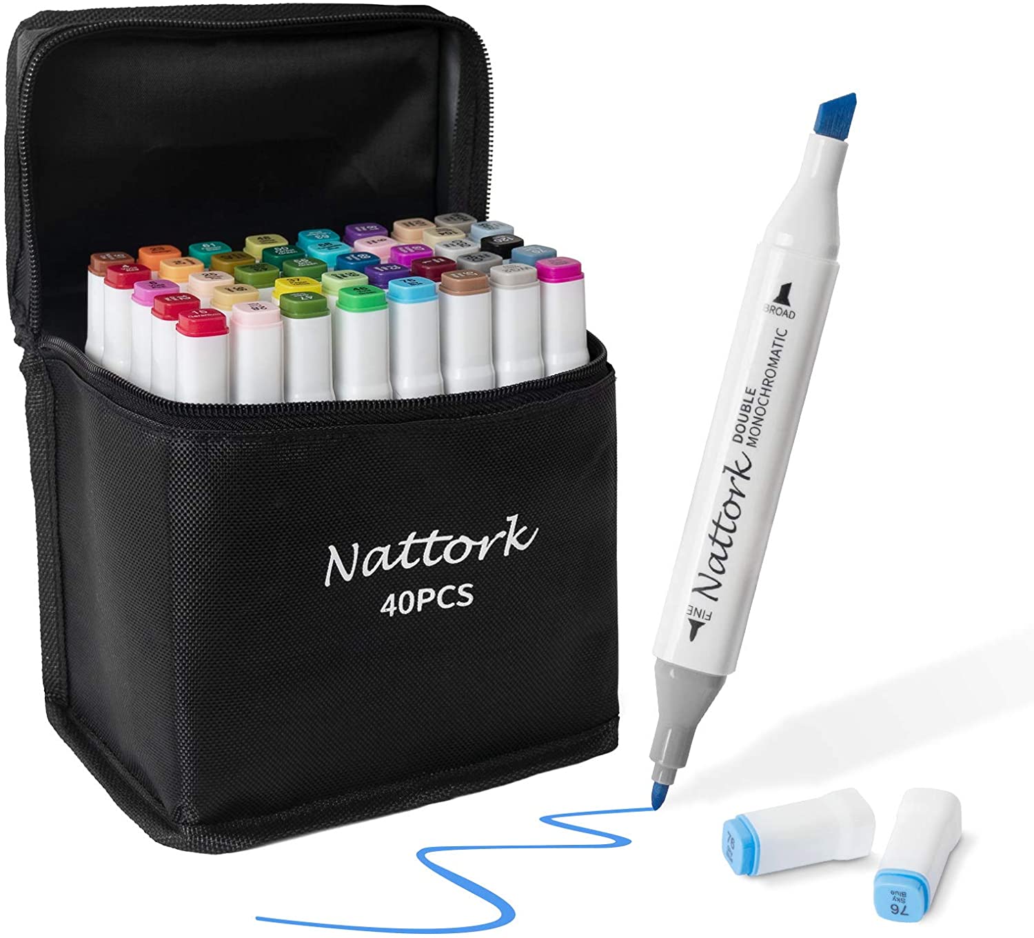 Nattork Alcohol Markers,Color Dual Tip (Fine & Broad) Art MarkersComes w/ 1 Hook Line Pen, 1 Colorless Pen and Thick Packing