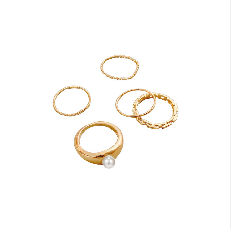Japanese and Korean simple fashion set ring women's Retro Metal five piece set ring cool wind pearl joint ring