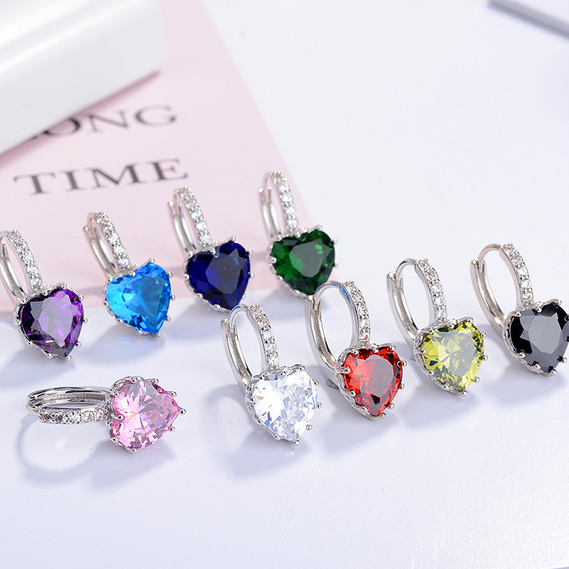 Fashion Colorful Cubic Zirconia Love Heart Earrings Diamond Love Heart Shaped Huggie Earrings Jewelry