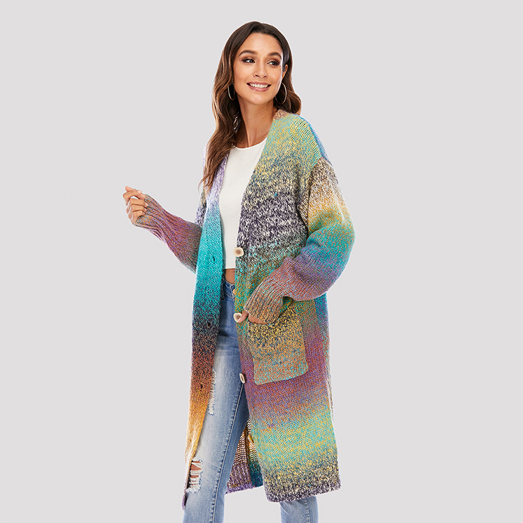 2021 Winter Customized Logo Ladies Colorful Rainbow Printing Sweater Coat Oversized Long Knitted Cardigan For Women