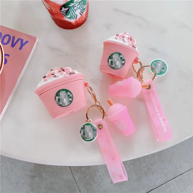 Hot Sale 3D Cartoon Pink Coffee Cup Earphone Case with Pendant for Airpods Pro Girls Cute Style Silicone Cover for Airpods 1/2