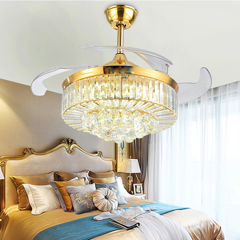 Golden Crystal Invisible Ceiling Fan Light With Remote Control 3 Color Changes Led Chandelier Fan Lamp