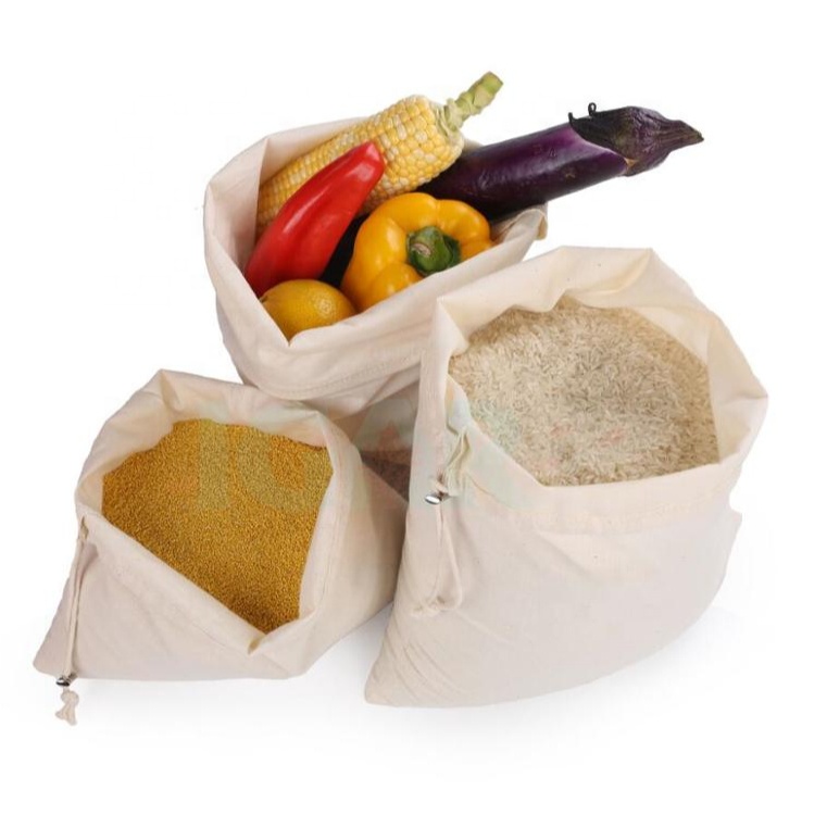 Reusable organic cotton or muslin fabric vegetable bags with single drawstring and metal spring buckle 33X28CM