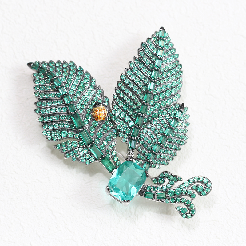 YANYI High End Luxury Designer Gold Branch Green Leaf Brooch Simple Pin Gift 925 Sterling Silver