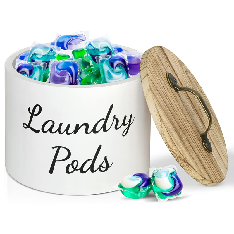 Wood Laundry Fabric Softener Dispenser Dryer Sheet Holder Pods Container With Lid And Handle