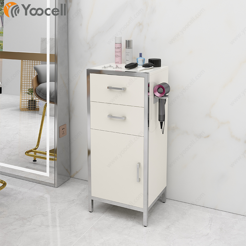 Yoocell wholesale salon shop equipment with hair dryer holder stainless steel hair salon carts trolleys beauty white color