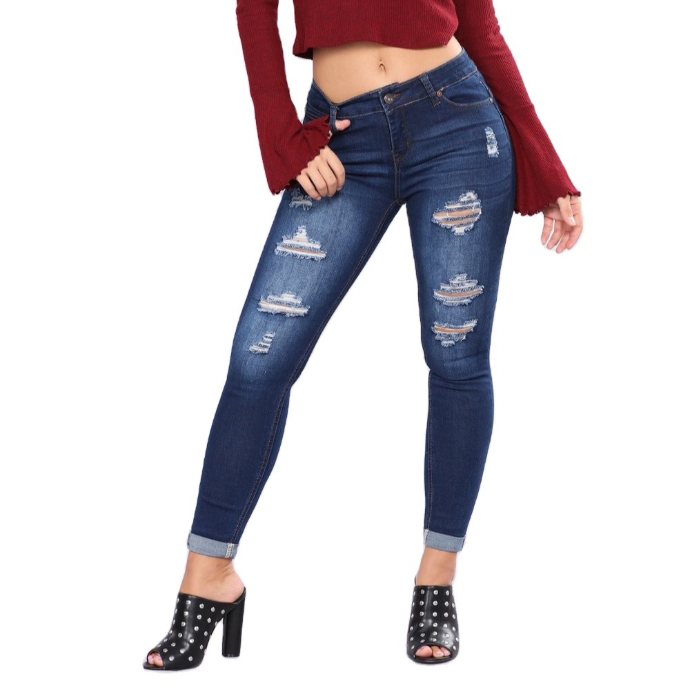 Customized Sexy Ripped Jeans Women fashion Pencil Pants Mid Waist stretch butt lift Skinny Denim Pants