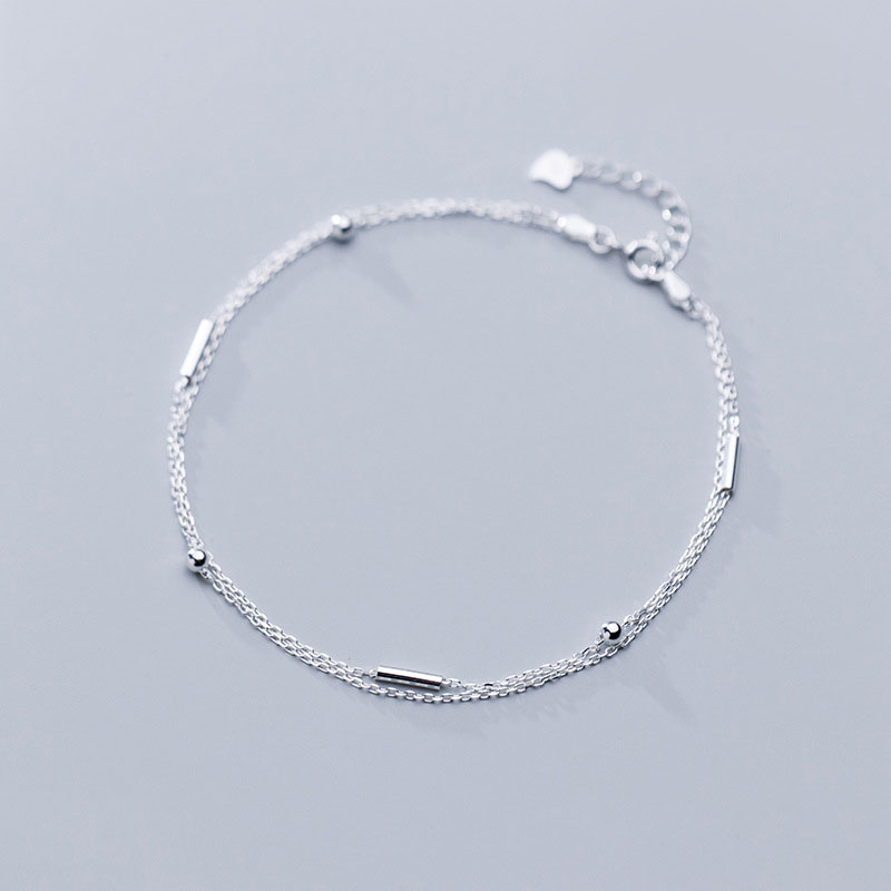 Bijoux Wholesale 925 Sterling Silver Double Layer Link Chain Short Bar Anklets Women Jewelry