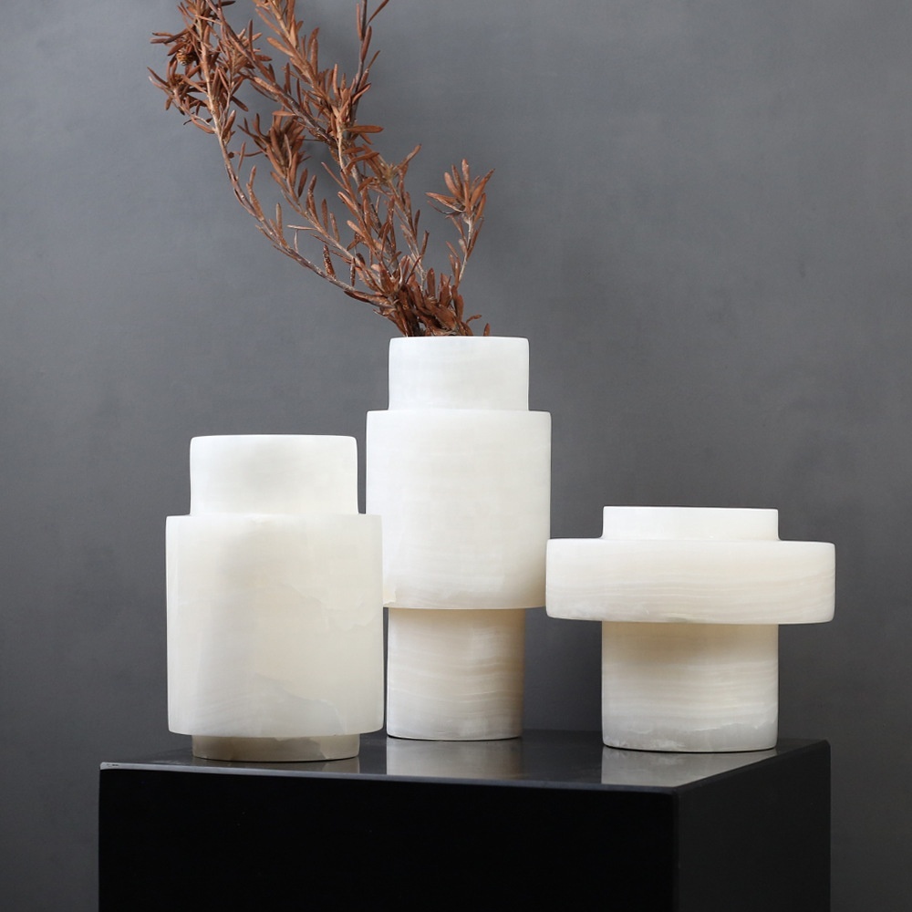 Stonekocc Luxury High-End Spanish Alabaster White Marble Vase Elegant Flower Arrangement Decorative Vessels for Living Room