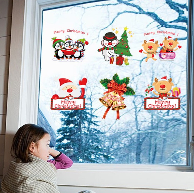 Christmas Window Stickers Set Front and Back Shop Window Wall Grass Stickers Home Decoration Xmas Santa Claus Snowflakes