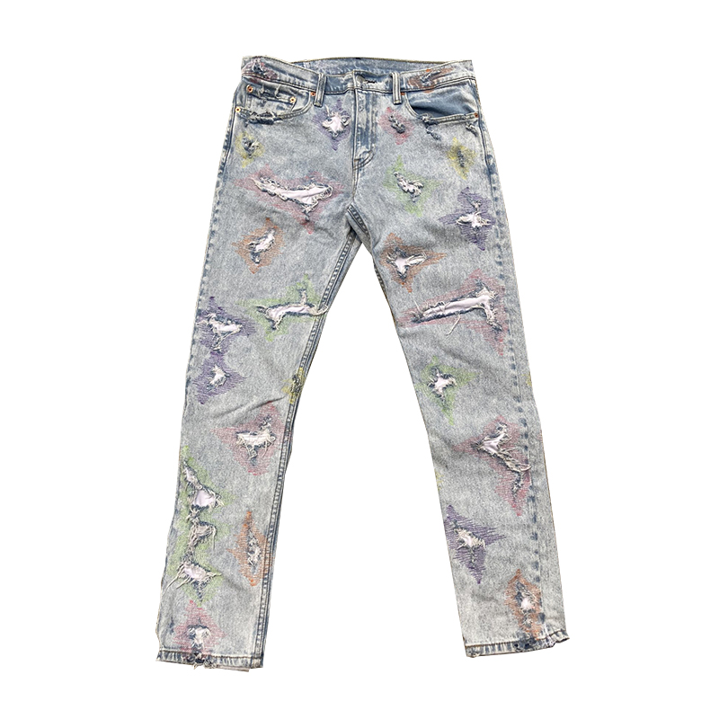 DiZNEW Fashion Cut Up Jeans Ripped and patched Grey Stitch Disstressed Jeans