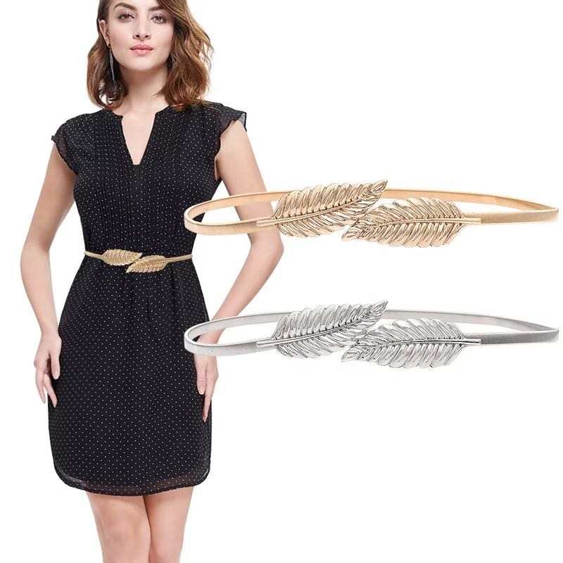 Yaosheng Wholesale Golden Elastic Leaf Belt Ladies Dress Fashion Belt Metal Plate Elastic Hook Waist Chain