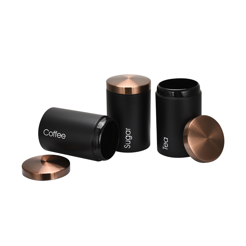 Luxury Rose Gold lid Black kitchen sealed tea coffee sugar food storage stainless steel canister Set with Bronze lid