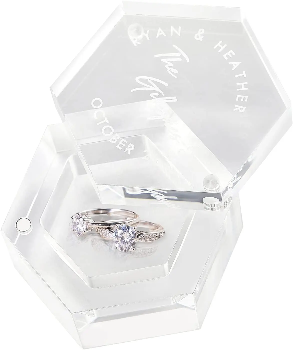 Custom Clear Hexagon Acrylic Ring Box Engraved Wedding Ring Bearer Box Engagement Proposal Ring Storage Gift magnetic boxes