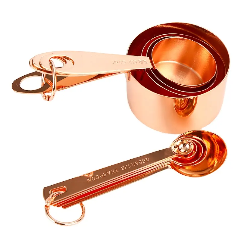 8 Pcs Stainless Steel Rose Gold Copper Measuring Cups and Spoons Set with Engraved Marking Ruler for Measuring Dry Liquid