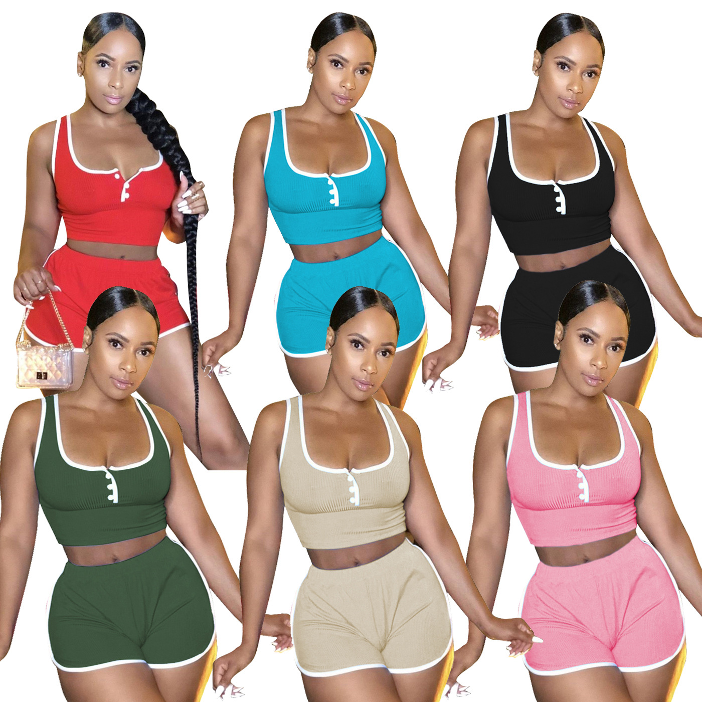 New Arrival 2021 Women's shorts summer solid color ribbed Two Piece Set booty yoga shorts pants set for women