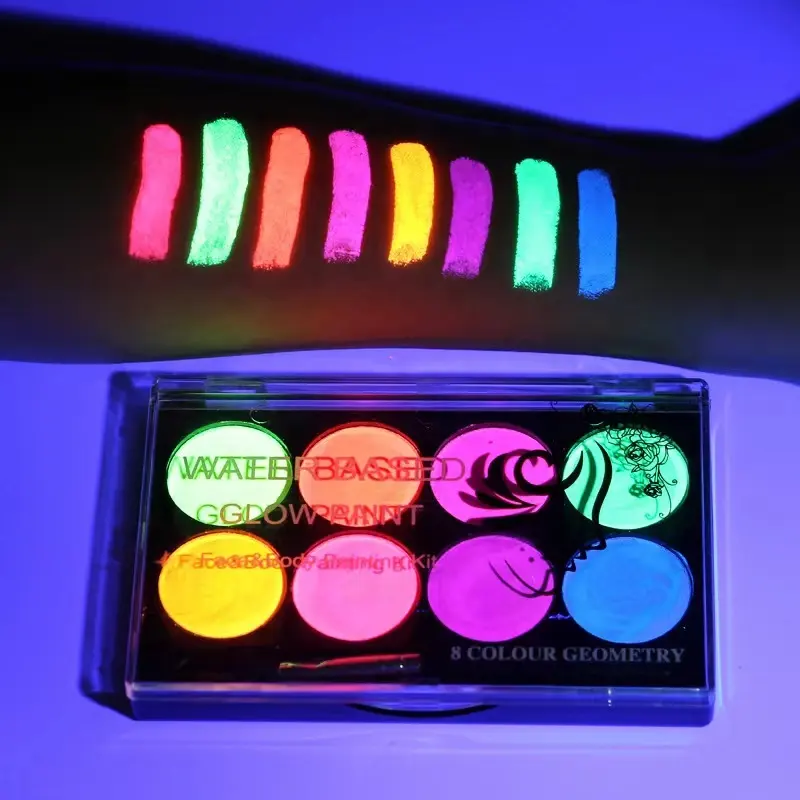 8 Color Neon Christmas UV Glow Face Paint Palette Luminous Body Paint Water Based Black Light Make-Up