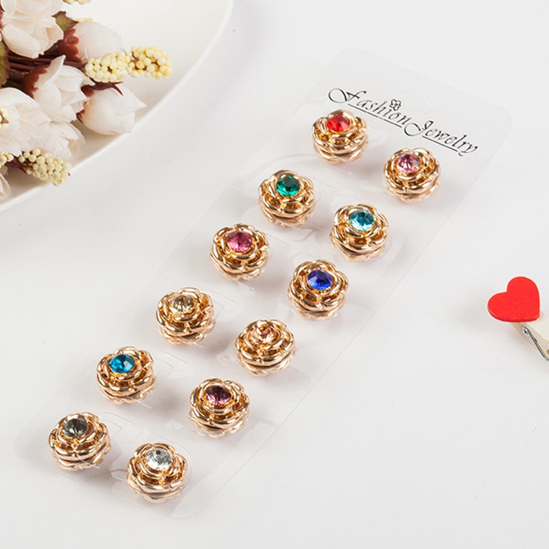Double Side Gold Plated Rose Flower Crystal Magnetic Brooch Muslim Scarf Multicolor Rhinestone Flower Magnetic Brooch For Women