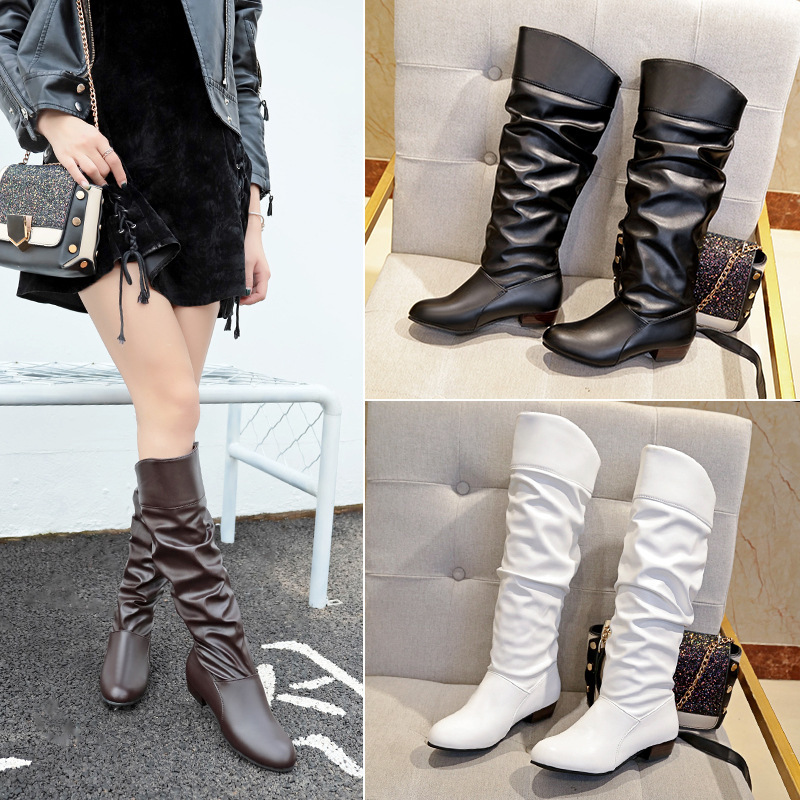 Autumn winter middle heel lady boots wholesale low price large size women's shoes solid color pleated high boots