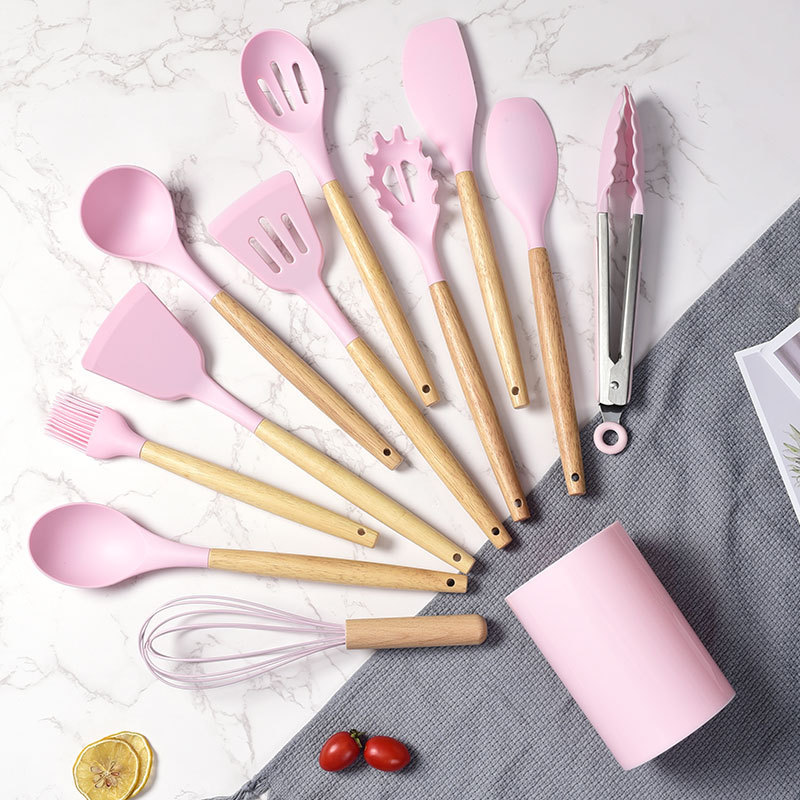 12pcs Silicone Cooking Utensils Set With Wooden Handle Kitchen Utensil Spatula Set With Gift Box