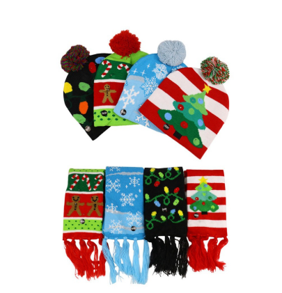 Soft Warm Knitted Flashing LED Christmas beanie Sweater cuffed knitted hat scarf Light Up kits the hats and scarf