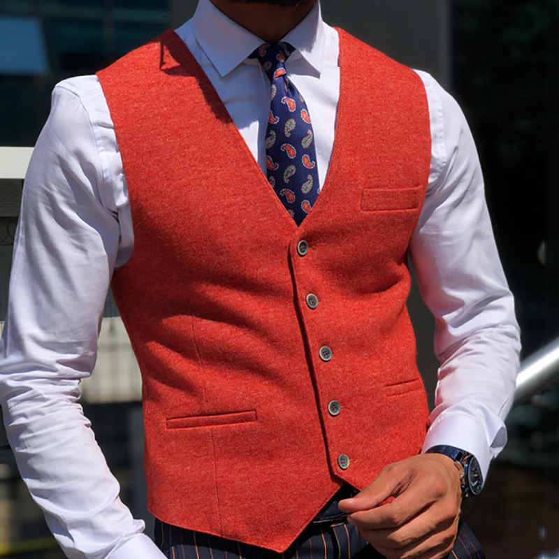 2021 Men's Solid Color Suit Vest Slim V-neck Fashion Red Waistcoat