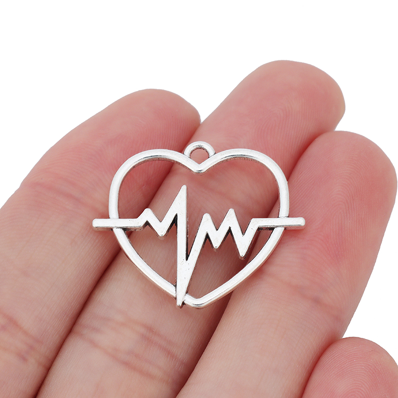 Antique Silver Heartbeat Heart Charms Pendants Beads 2 Sided for DIY Necklace Jewelry Making 30x25mm