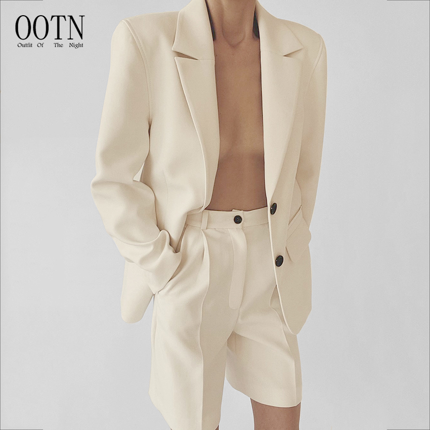 OOTN бежевое офисное модное пальто оверсайз прямые шорты Женская Осенняя приталенная рабочая одежда с высокой талией короткие брюки комплект из двух предметов