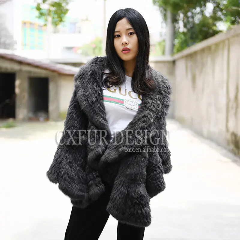CX-B-83H Fashion Winter Warm Fur Ponchos And Shawls Wholesale Knitted Rabbit Fur Shawl
