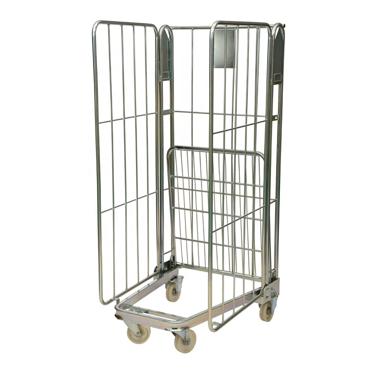 Medium Duty 3 Side Collapsible Zinc Galvanized Industrial Storage Cage Trolley
