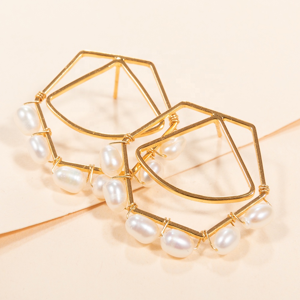 Hexagon triangle thin brass wire 18k real gold plated natural fresh water pearls wrapped earrings for women jewelry