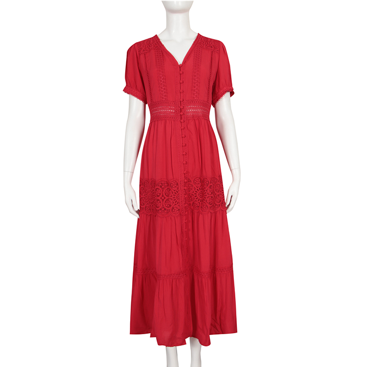 Factory custom women's dress red v collar sexy embroidered bohemian party women's lace dress