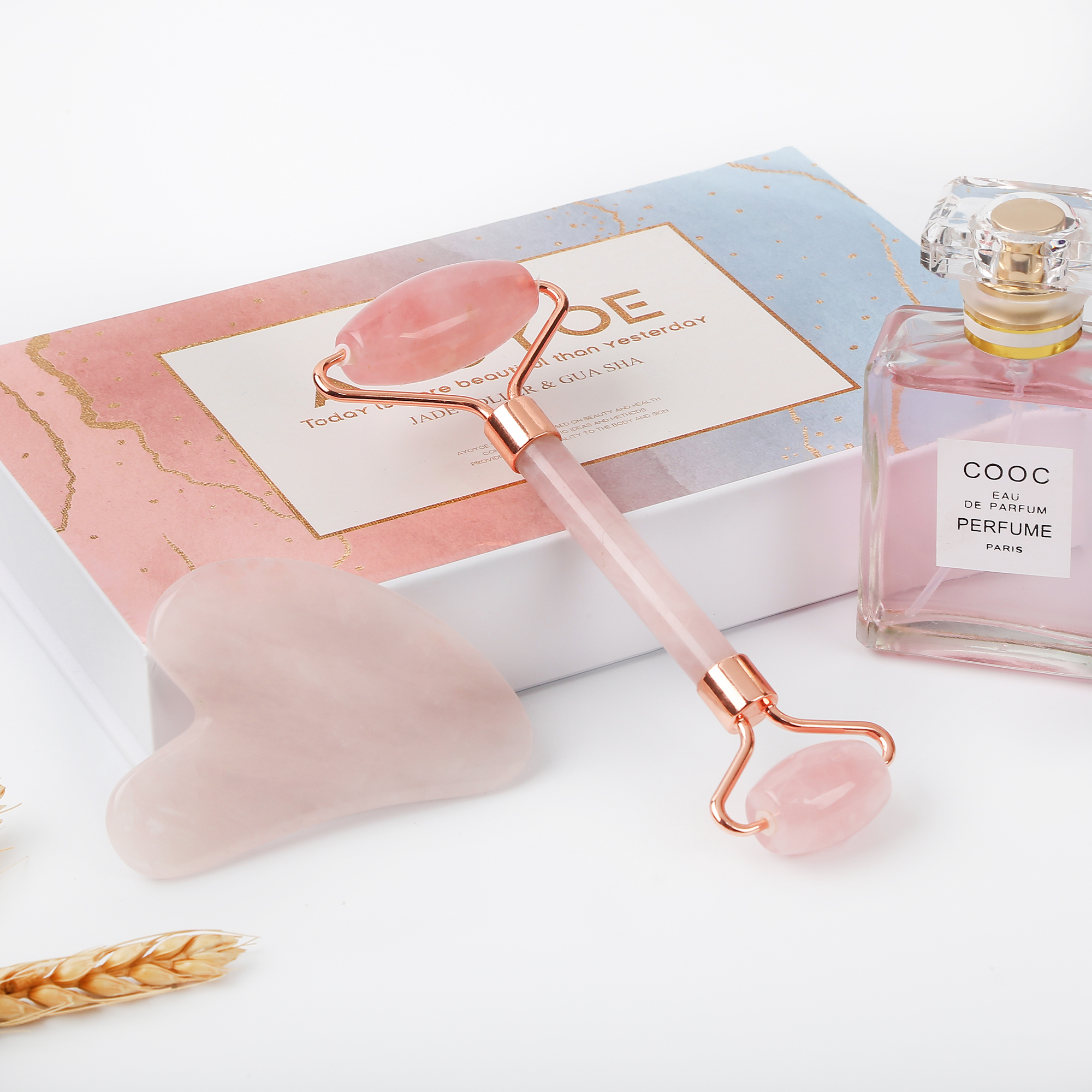 Wholesale Custom 100% Real Natural Pink Rose Quartz Face Body Massager GuaSha Tool Facial Jade Roller Gua sha Set
