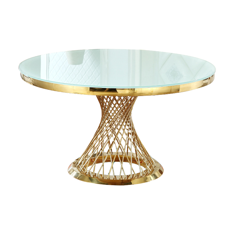 Factory Direct Stainless Steel Gold Glass Top Wedding Party Event Round Table Banquet Dining Tables