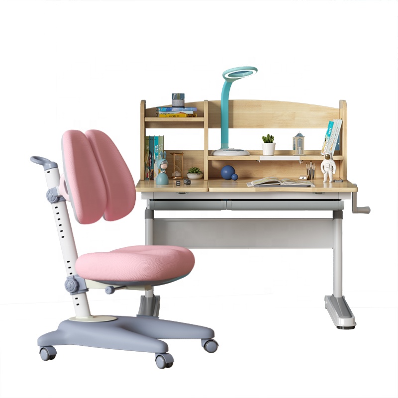 Wood Adjustable Height Kids Study Desk with Chair Drafting Table Computer Station Built-in Bookshelf Hutch Multi Function Blue