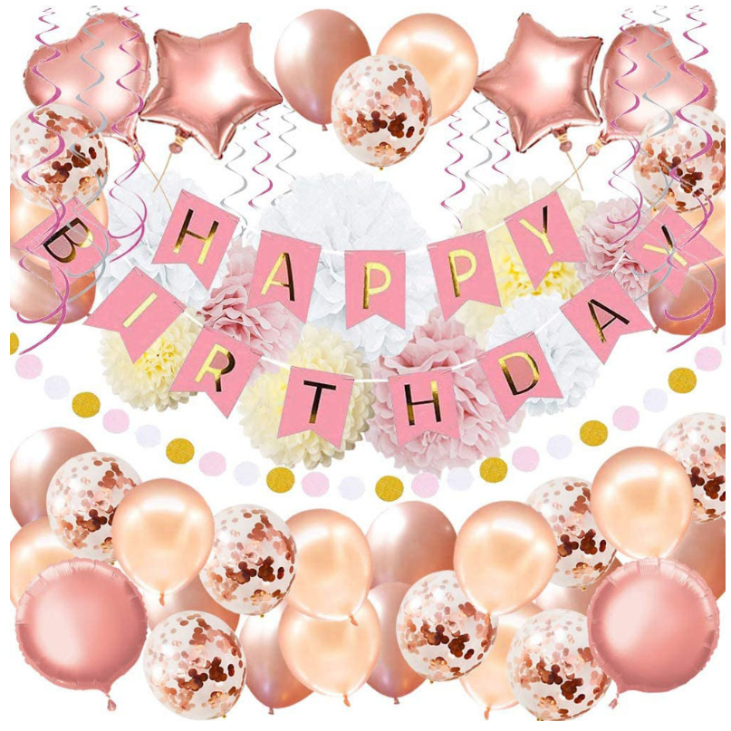 Happy birthday pink color paper pompom balloon star tissue paper pompom decoration set