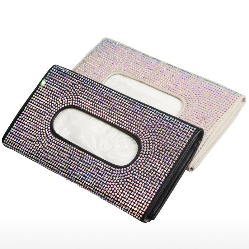 Car Universal Rhinestone Pu leather Sun Visor Tissue Box Cover Napkin Holders Crystal Storage Paper Towels Box