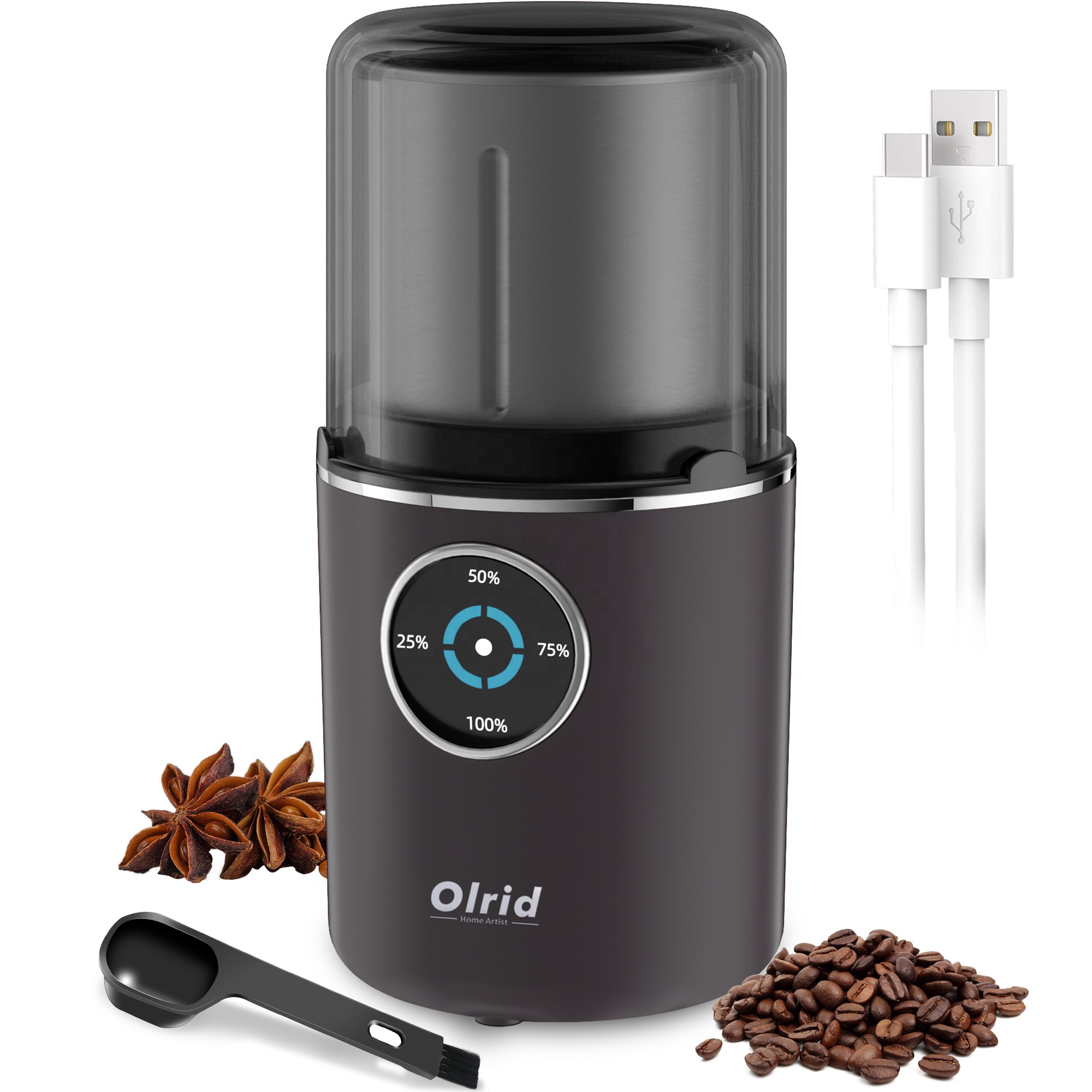 Manufacturer Direct Amazon Hot Olrid Cordless Portable Coffee Grinder with Stainless Steel Blade & Detachable Bowl 2.5oz/12 Cups