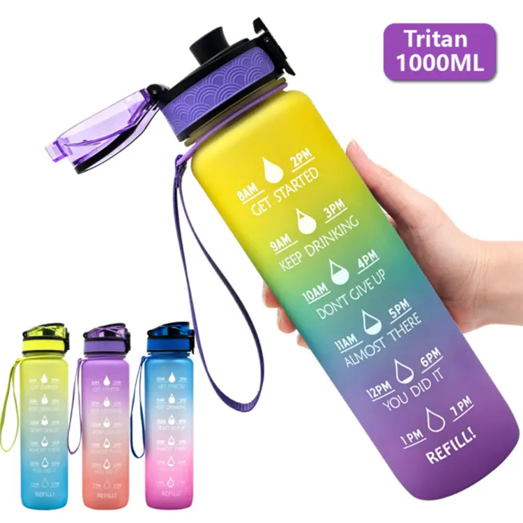 (33.81OZ/ 50.72 OZ ) Frosted bpa free gym fitness motivational plastic water bottles with time markings