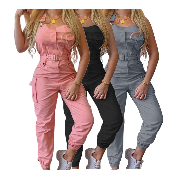 Pink Gray Khaki Green Hip Hop Loose Suspender Trousers Romper Cargo Pants Jumpsuits Women