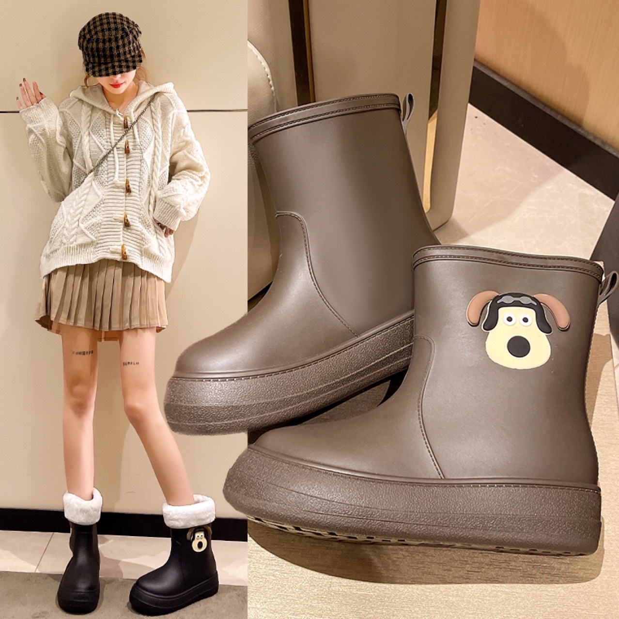 Fashion rain shoes women Japanese plus velvet European and American rain boots non-slip water shoes soft soled rubber shoes