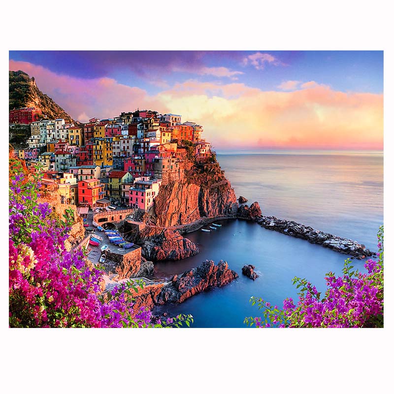 M-diamond painting for Adults Italy Sunset Seaside Landscape DIY Oil Painting Canvas Wall Art Acrylic Painting Kit for Beginners