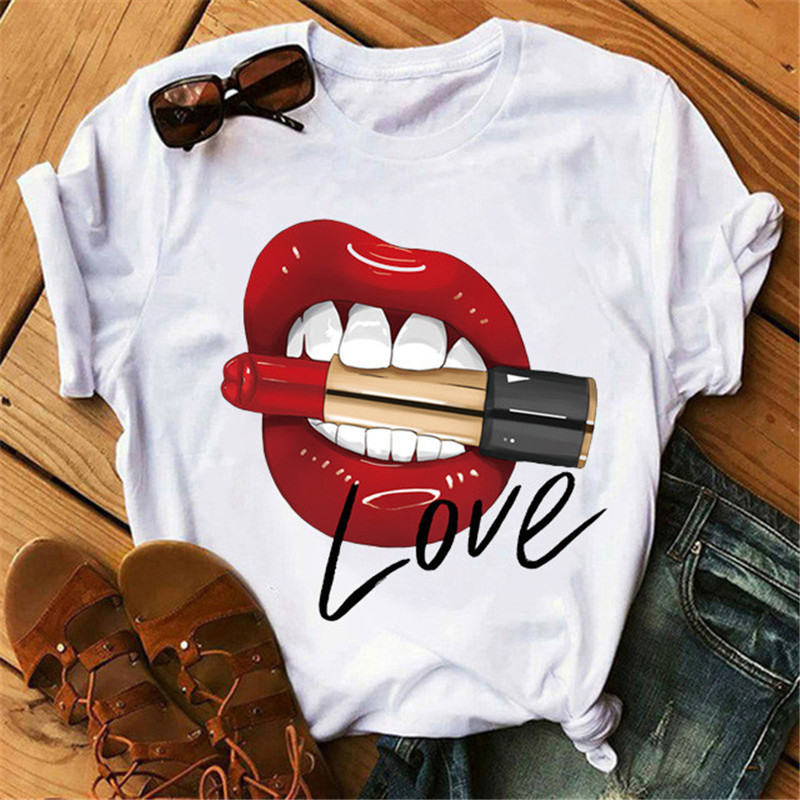 Женские топы, красные футболки с принтом губ Love, базовая женская футболка с круглым вырезом и коротким рукавом, универсальная белая футболка, забавная рубашка для девочек