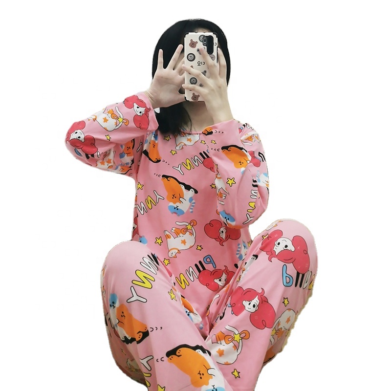 Spring Pajamas Women's O-Neck Long Sleeve Pants 2in1 Sets Sleepwear Cute Cartoons Milk Silk Soft Leisure Korean Style Homewear