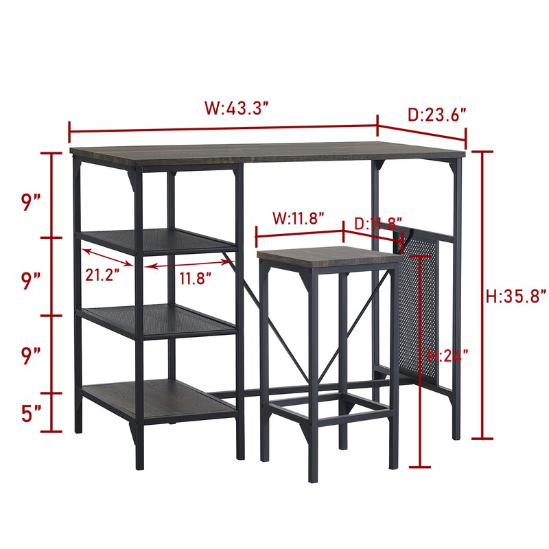 Modern Metal Wood Classic Rectangular Dining Bar Table Set with Storage Space
