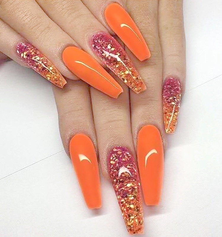 24 шт./кор. оранжевый bling Роскошные Длинные гель отличного дизайна класса «Люкс» нажмите на ногтях с клеем