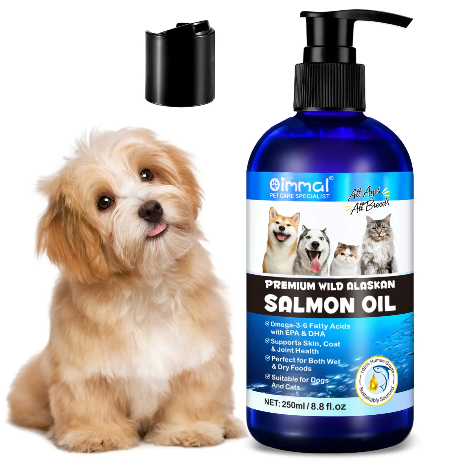 OIMMAI private label pet fish oil,natural omega 3 salmon fish oil liquid,pure wild alaskan salmon oil for dogs cats