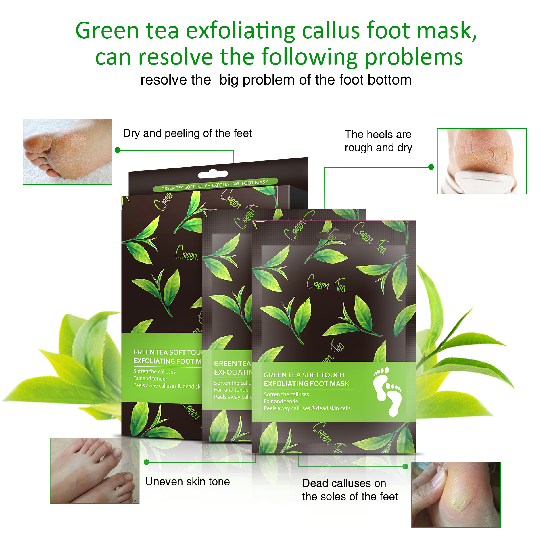 OEM Green Tea Foot Peel Mask Socks White Soft Feet Nourishing Dead Skin Removal Exfoliating Foot Mask Foot Patch