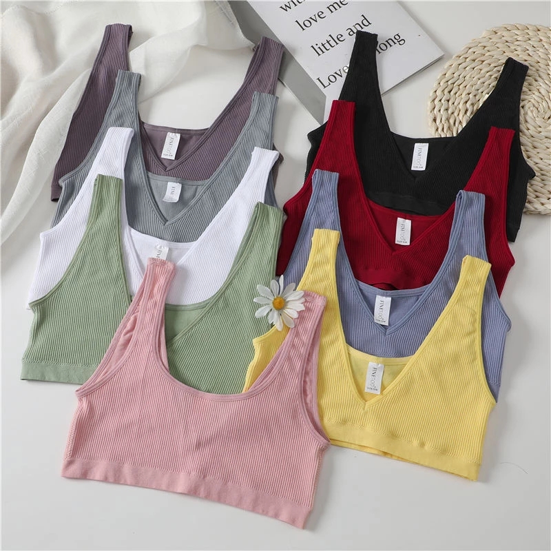 FINETOO Women Seamless Bralette Ladies Sexy Deep V Tank Fashion Wide Strap Camisole Breathable Tops Girls S-XL Intimate Lingerie
